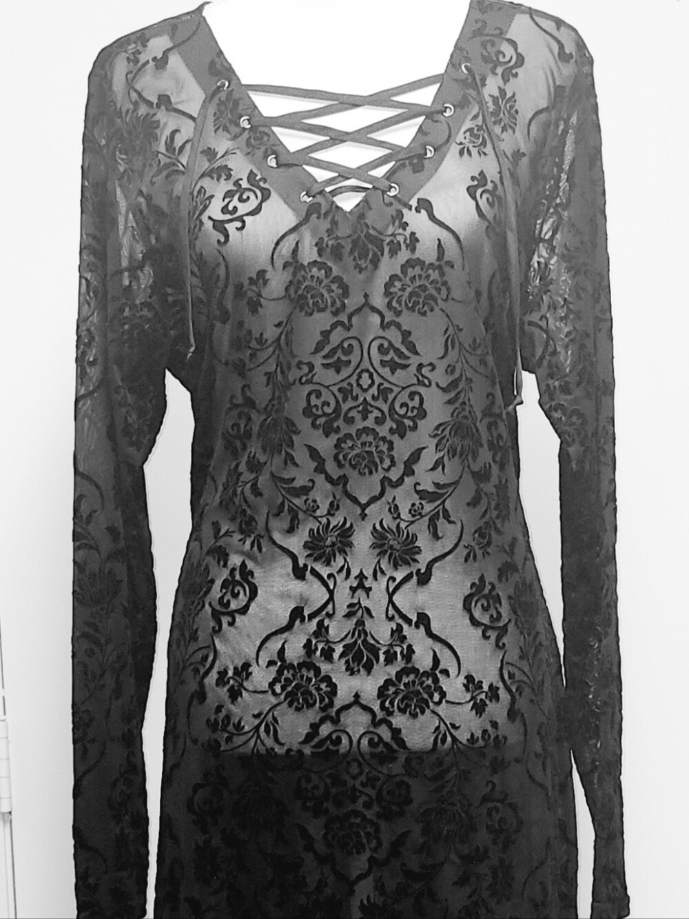 Xhilaration Black Sheer Lace-Up Floral Midi Dress